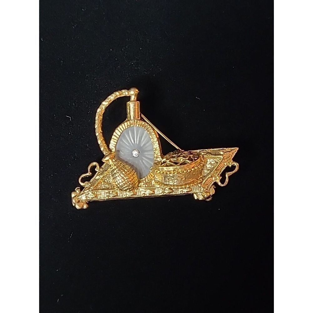 1928 Goldtone Rhinestone Brooch Vanity Tray Perfume Camphor Glass Bottle Rare
